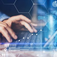 Concept of virtual diagram,graph interfaces,digital display,connections,statistics icons.Male hands typing on dock keyboard contemporary electronic tablet.Blurred background. Horizontal. environmental data management